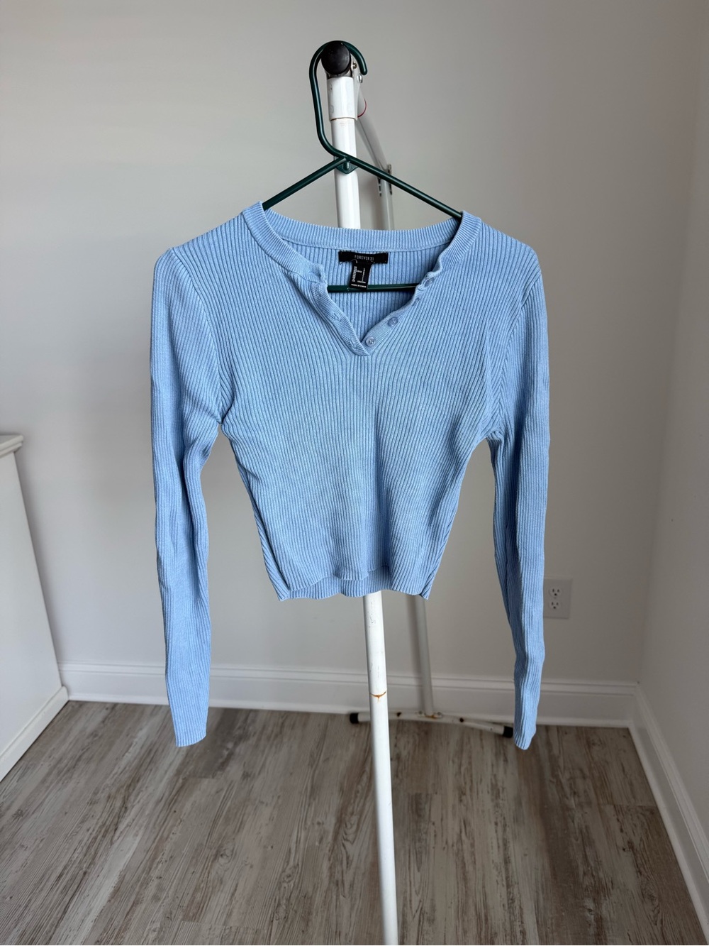 Light Blue Ribbed Henley Long-Sleeve Top